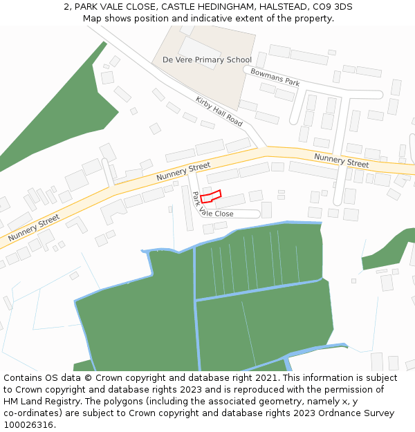 2, PARK VALE CLOSE, CASTLE HEDINGHAM, HALSTEAD, CO9 3DS: Location map and indicative extent of plot