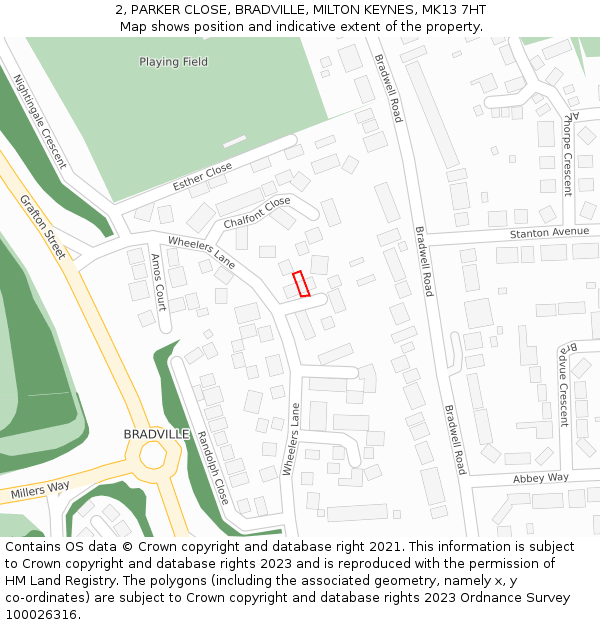 2, PARKER CLOSE, BRADVILLE, MILTON KEYNES, MK13 7HT: Location map and indicative extent of plot