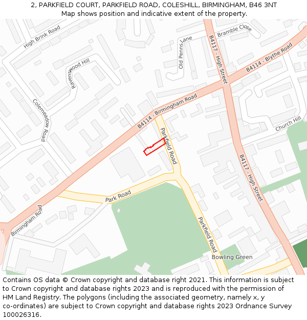 2, PARKFIELD COURT, PARKFIELD ROAD, COLESHILL, BIRMINGHAM, B46 3NT: Location map and indicative extent of plot