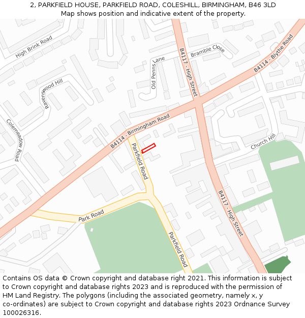 2, PARKFIELD HOUSE, PARKFIELD ROAD, COLESHILL, BIRMINGHAM, B46 3LD: Location map and indicative extent of plot