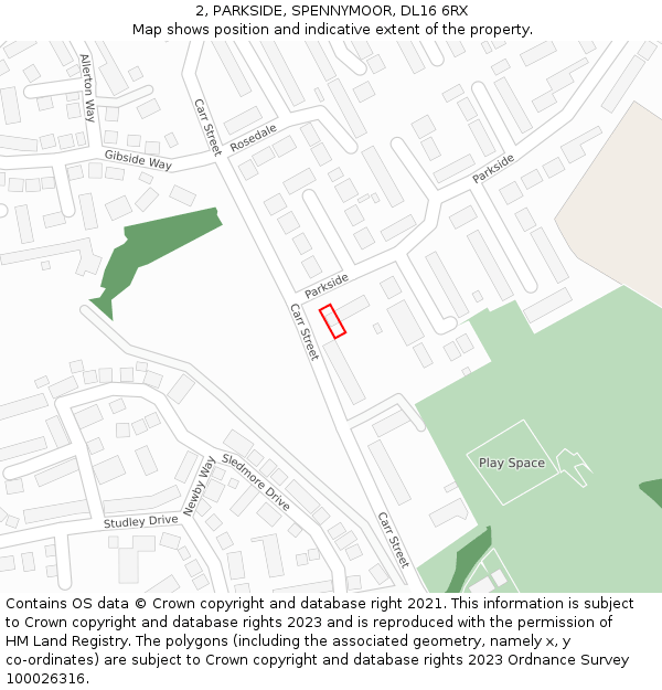 2, PARKSIDE, SPENNYMOOR, DL16 6RX: Location map and indicative extent of plot