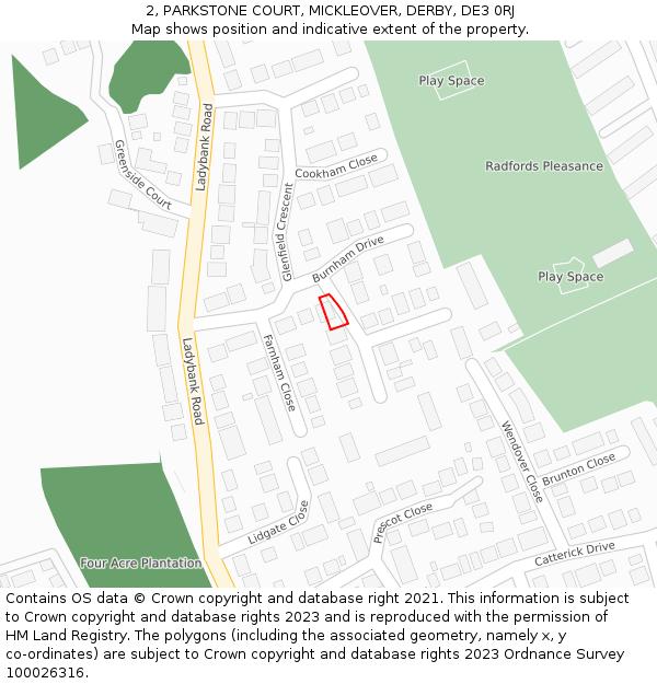 2, PARKSTONE COURT, MICKLEOVER, DERBY, DE3 0RJ: Location map and indicative extent of plot