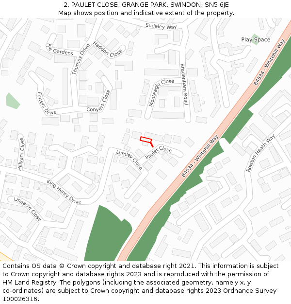 2, PAULET CLOSE, GRANGE PARK, SWINDON, SN5 6JE: Location map and indicative extent of plot