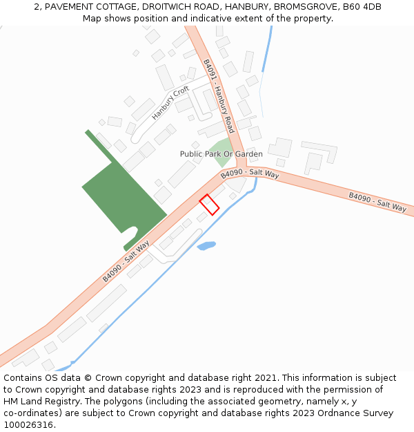 2, PAVEMENT COTTAGE, DROITWICH ROAD, HANBURY, BROMSGROVE, B60 4DB: Location map and indicative extent of plot