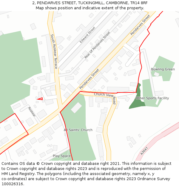 2, PENDARVES STREET, TUCKINGMILL, CAMBORNE, TR14 8RF: Location map and indicative extent of plot