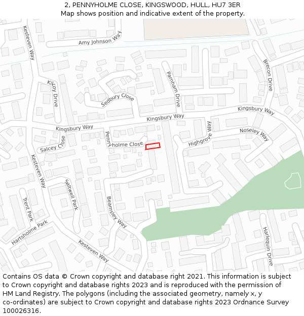 2, PENNYHOLME CLOSE, KINGSWOOD, HULL, HU7 3ER: Location map and indicative extent of plot