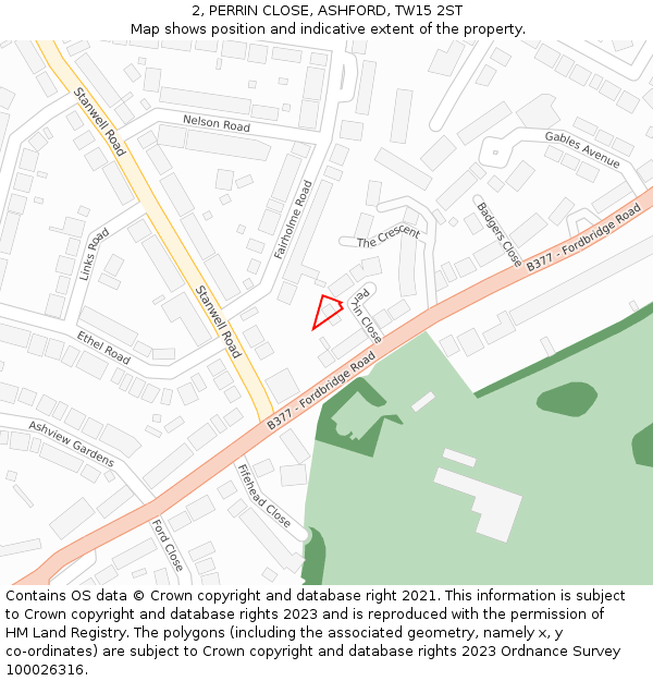 2, PERRIN CLOSE, ASHFORD, TW15 2ST: Location map and indicative extent of plot