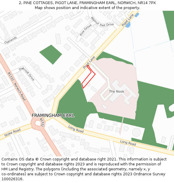 2, PINE COTTAGES, PIGOT LANE, FRAMINGHAM EARL, NORWICH, NR14 7PX: Location map and indicative extent of plot