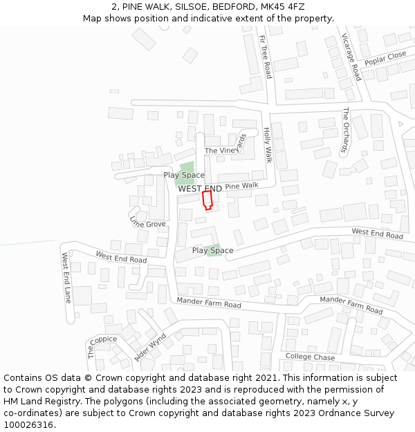 2, PINE WALK, SILSOE, BEDFORD, MK45 4FZ: Location map and indicative extent of plot