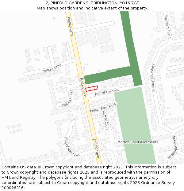 2, PINFOLD GARDENS, BRIDLINGTON, YO16 7GE: Location map and indicative extent of plot