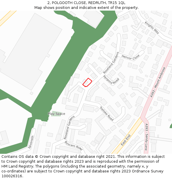 2, POLGOOTH CLOSE, REDRUTH, TR15 1QL: Location map and indicative extent of plot