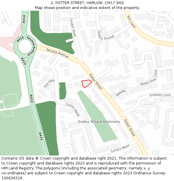 2, POTTER STREET, HARLOW, CM17 9AG: Location map and indicative extent of plot