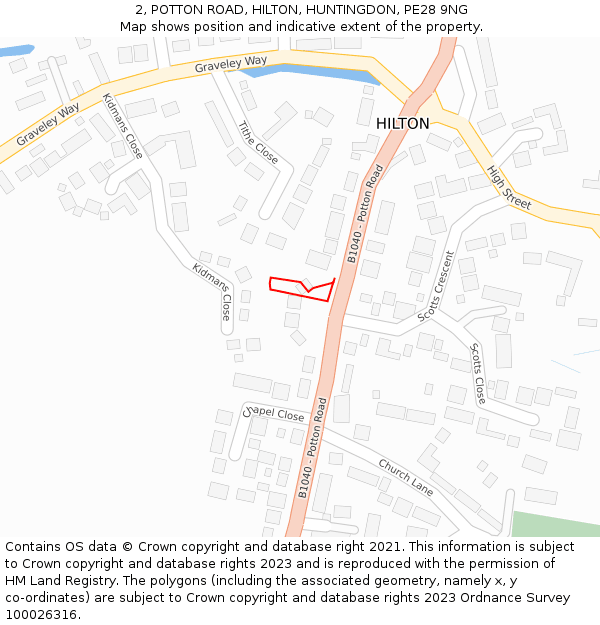 2, POTTON ROAD, HILTON, HUNTINGDON, PE28 9NG: Location map and indicative extent of plot