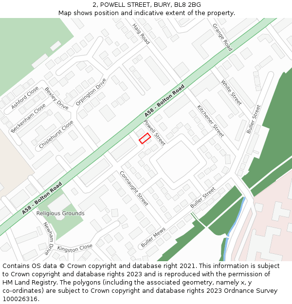 2, POWELL STREET, BURY, BL8 2BG: Location map and indicative extent of plot