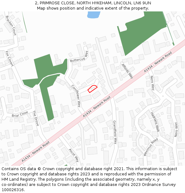 2, PRIMROSE CLOSE, NORTH HYKEHAM, LINCOLN, LN6 9UN: Location map and indicative extent of plot