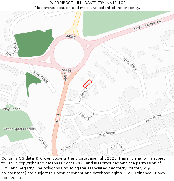 2, PRIMROSE HILL, DAVENTRY, NN11 4GF: Location map and indicative extent of plot