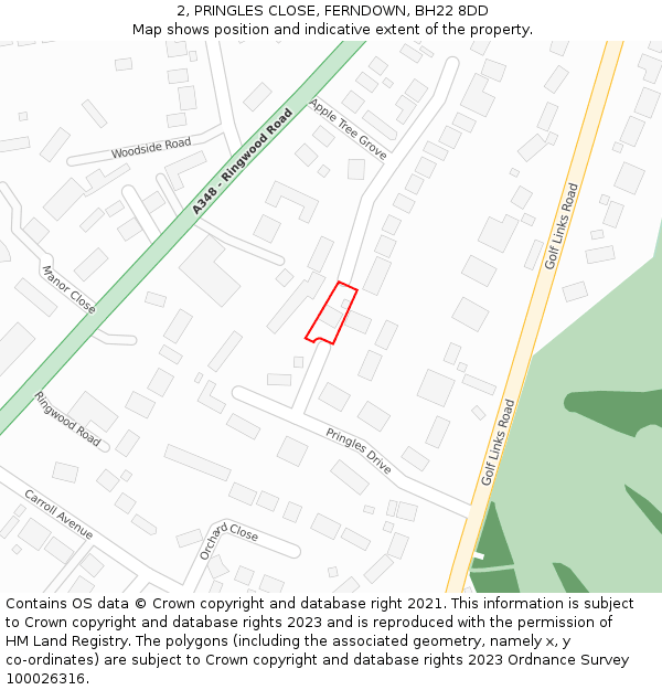 2, PRINGLES CLOSE, FERNDOWN, BH22 8DD: Location map and indicative extent of plot