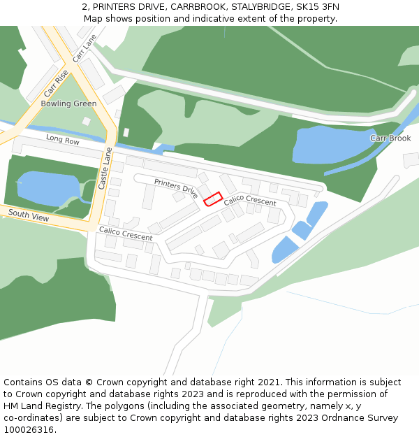 2, PRINTERS DRIVE, CARRBROOK, STALYBRIDGE, SK15 3FN: Location map and indicative extent of plot