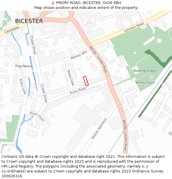 2, PRIORY ROAD, BICESTER, OX26 6BH: Location map and indicative extent of plot