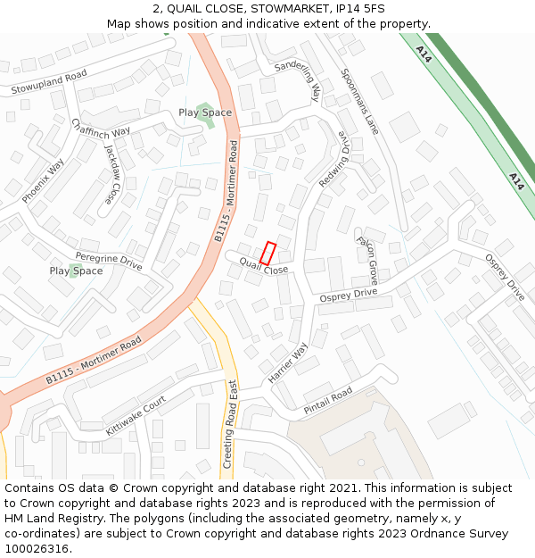 2, QUAIL CLOSE, STOWMARKET, IP14 5FS: Location map and indicative extent of plot