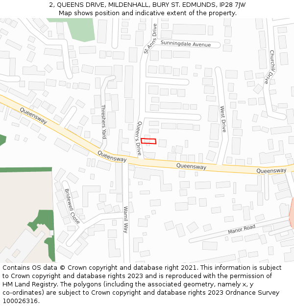 2, QUEENS DRIVE, MILDENHALL, BURY ST. EDMUNDS, IP28 7JW: Location map and indicative extent of plot