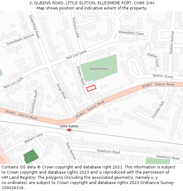 2, QUEENS ROAD, LITTLE SUTTON, ELLESMERE PORT, CH66 1HH: Location map and indicative extent of plot