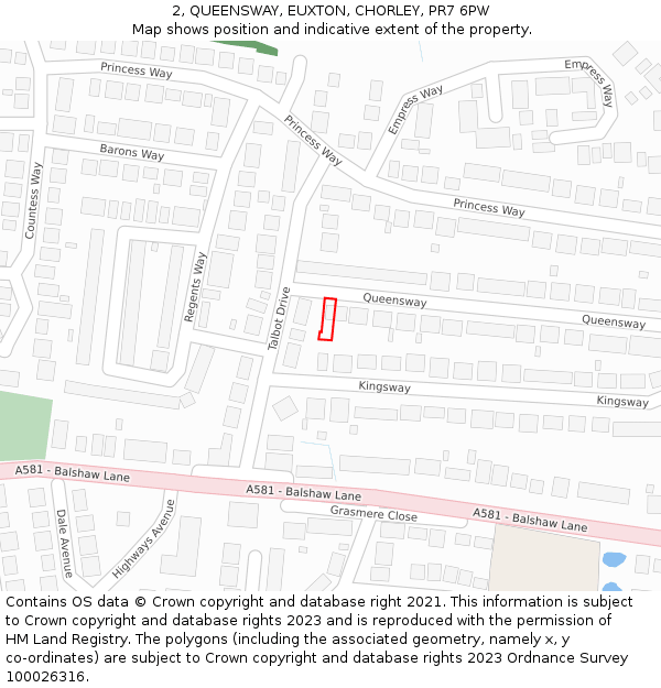 2, QUEENSWAY, EUXTON, CHORLEY, PR7 6PW: Location map and indicative extent of plot