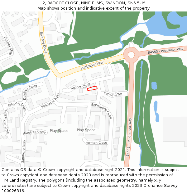 2, RADCOT CLOSE, NINE ELMS, SWINDON, SN5 5UY: Location map and indicative extent of plot