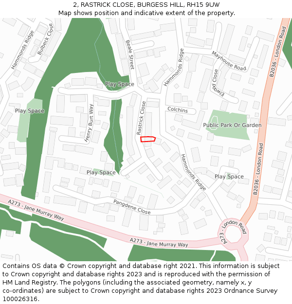 2, RASTRICK CLOSE, BURGESS HILL, RH15 9UW: Location map and indicative extent of plot