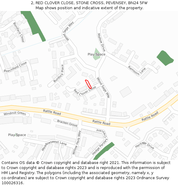 2, RED CLOVER CLOSE, STONE CROSS, PEVENSEY, BN24 5FW: Location map and indicative extent of plot