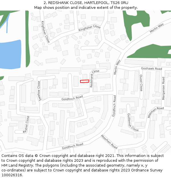 2, REDSHANK CLOSE, HARTLEPOOL, TS26 0RU: Location map and indicative extent of plot