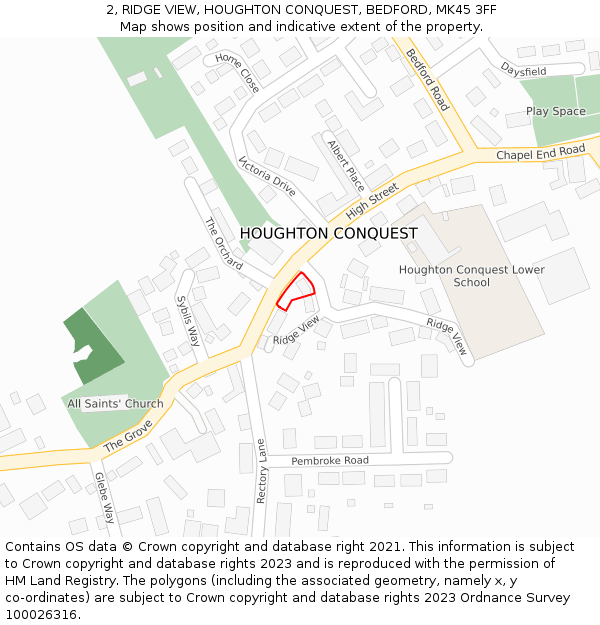 2, RIDGE VIEW, HOUGHTON CONQUEST, BEDFORD, MK45 3FF: Location map and indicative extent of plot