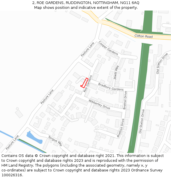 2, ROE GARDENS, RUDDINGTON, NOTTINGHAM, NG11 6AQ: Location map and indicative extent of plot