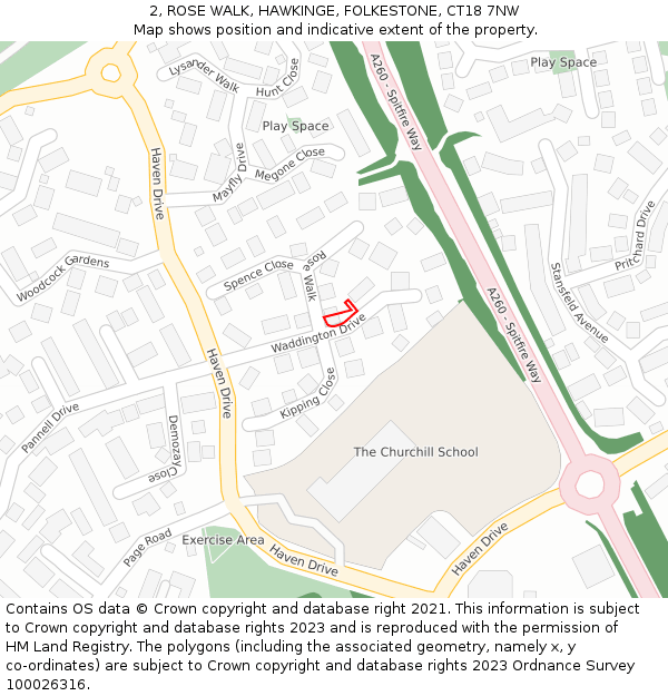 2, ROSE WALK, HAWKINGE, FOLKESTONE, CT18 7NW: Location map and indicative extent of plot