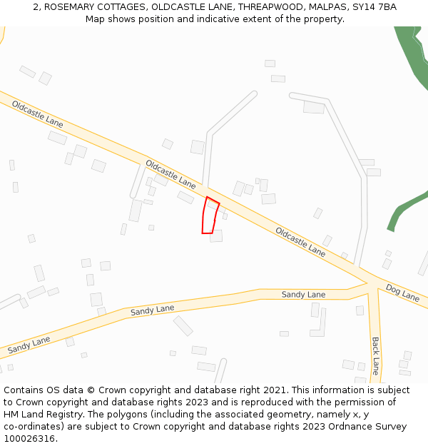 2, ROSEMARY COTTAGES, OLDCASTLE LANE, THREAPWOOD, MALPAS, SY14 7BA: Location map and indicative extent of plot