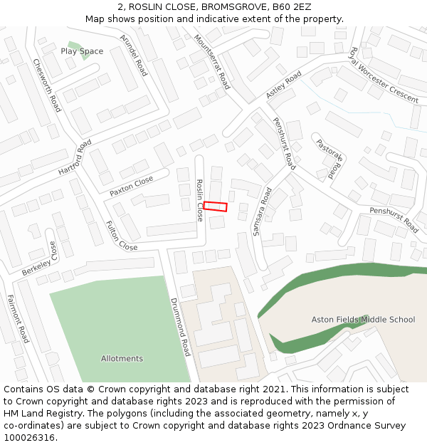 2, ROSLIN CLOSE, BROMSGROVE, B60 2EZ: Location map and indicative extent of plot
