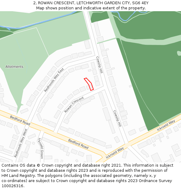 2, ROWAN CRESCENT, LETCHWORTH GARDEN CITY, SG6 4EY: Location map and indicative extent of plot