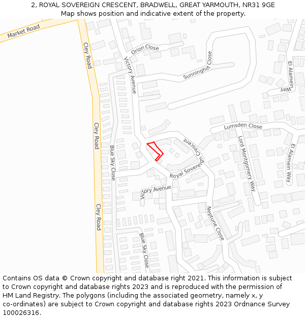 2, ROYAL SOVEREIGN CRESCENT, BRADWELL, GREAT YARMOUTH, NR31 9GE: Location map and indicative extent of plot