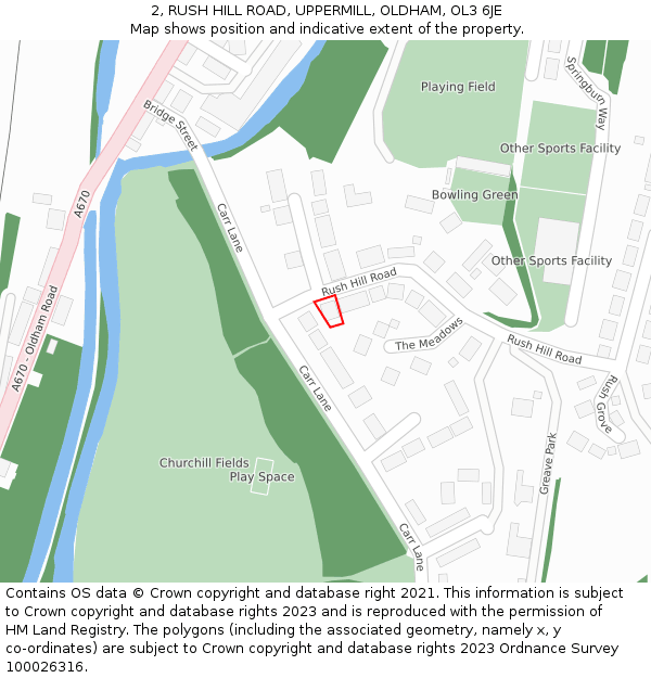 2, RUSH HILL ROAD, UPPERMILL, OLDHAM, OL3 6JE: Location map and indicative extent of plot