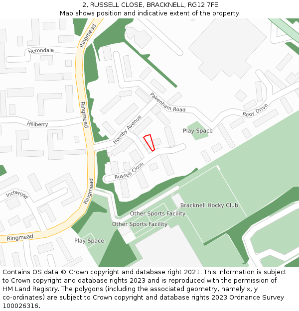 2, RUSSELL CLOSE, BRACKNELL, RG12 7FE: Location map and indicative extent of plot