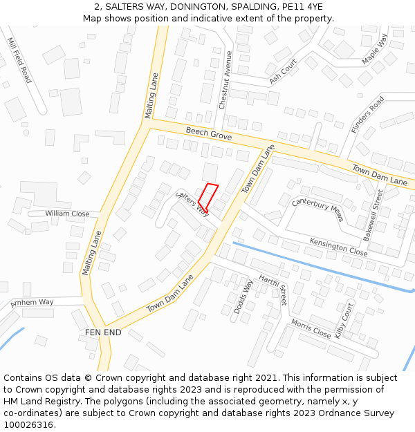 2, SALTERS WAY, DONINGTON, SPALDING, PE11 4YE: Location map and indicative extent of plot