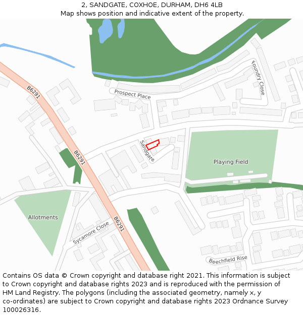 2, SANDGATE, COXHOE, DURHAM, DH6 4LB: Location map and indicative extent of plot