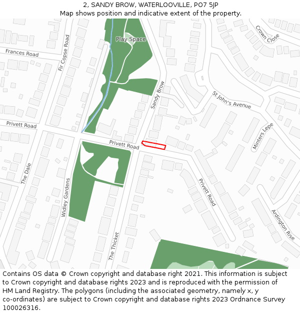 2, SANDY BROW, WATERLOOVILLE, PO7 5JP: Location map and indicative extent of plot