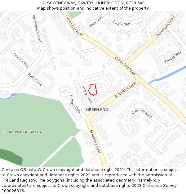 2, SCOTNEY WAY, SAWTRY, HUNTINGDON, PE28 5XF: Location map and indicative extent of plot