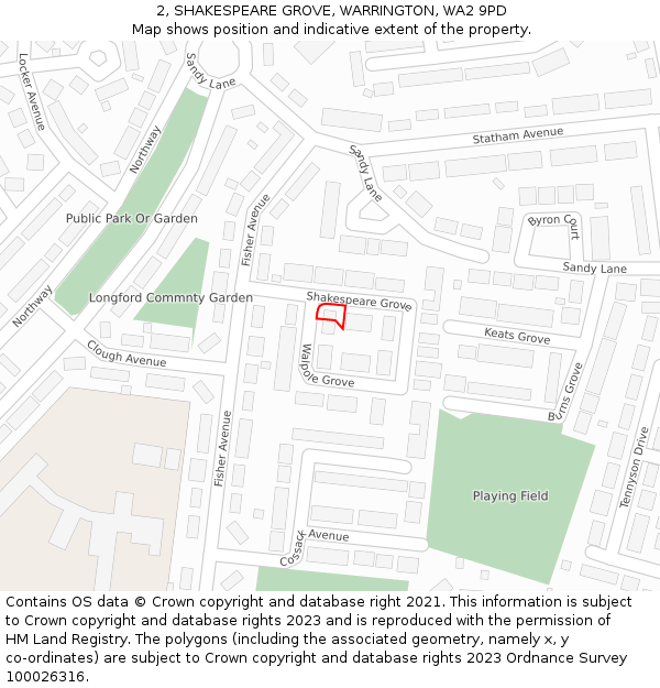 2, SHAKESPEARE GROVE, WARRINGTON, WA2 9PD: Location map and indicative extent of plot