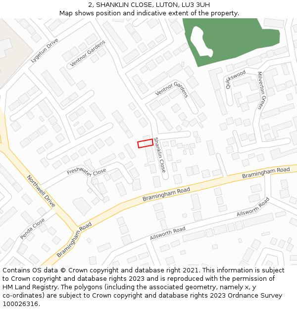 2, SHANKLIN CLOSE, LUTON, LU3 3UH: Location map and indicative extent of plot