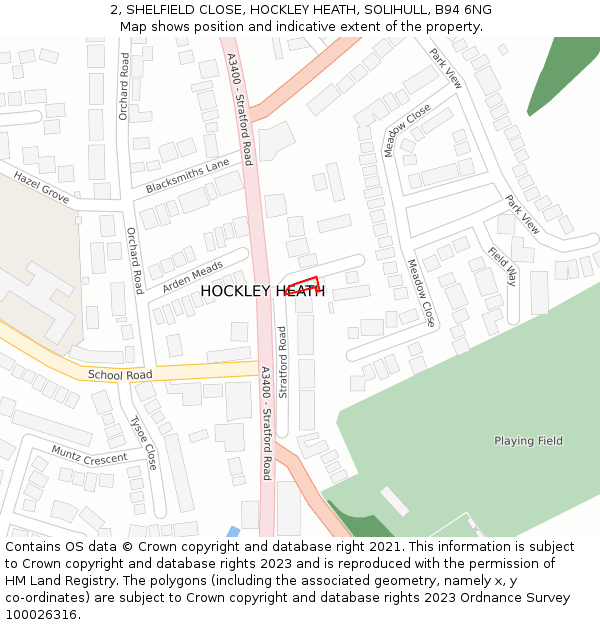2, SHELFIELD CLOSE, HOCKLEY HEATH, SOLIHULL, B94 6NG: Location map and indicative extent of plot