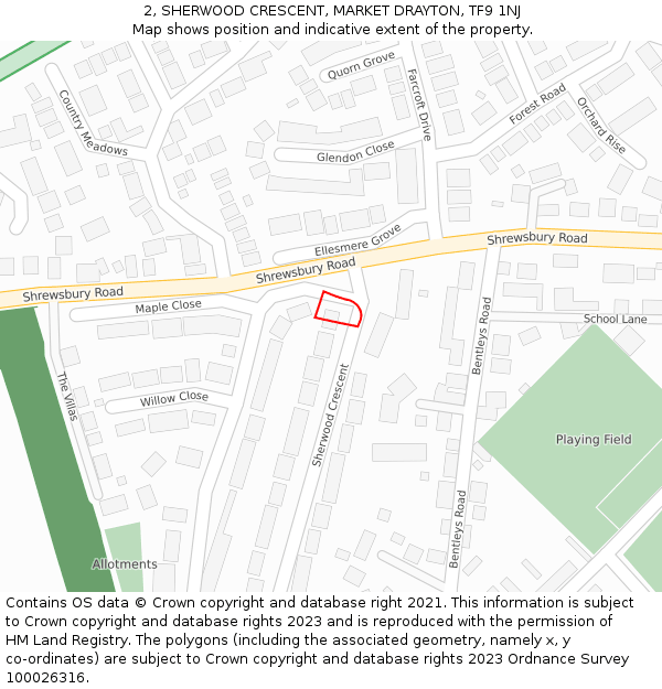 2, SHERWOOD CRESCENT, MARKET DRAYTON, TF9 1NJ: Location map and indicative extent of plot