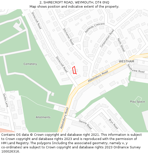 2, SHIRECROFT ROAD, WEYMOUTH, DT4 0NQ: Location map and indicative extent of plot