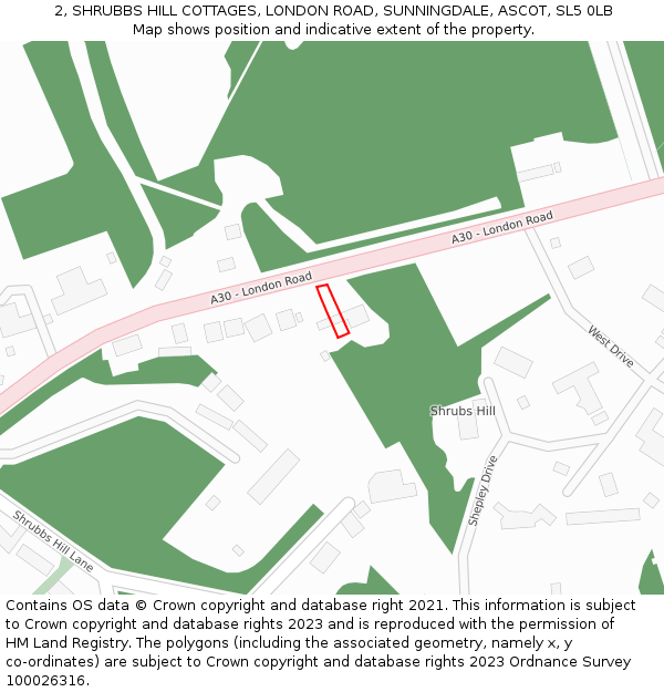 2, SHRUBBS HILL COTTAGES, LONDON ROAD, SUNNINGDALE, ASCOT, SL5 0LB: Location map and indicative extent of plot